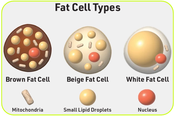 Diagram showing brown, beige, and white fat cells, each colored differently