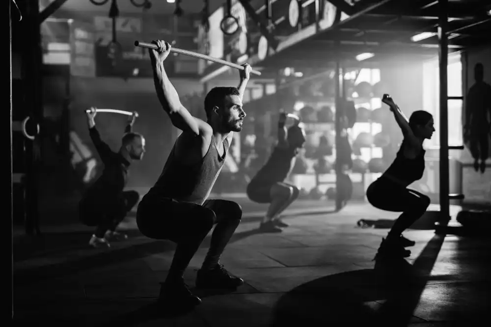 A group performing bodyweight squats in a Dubai gym.
