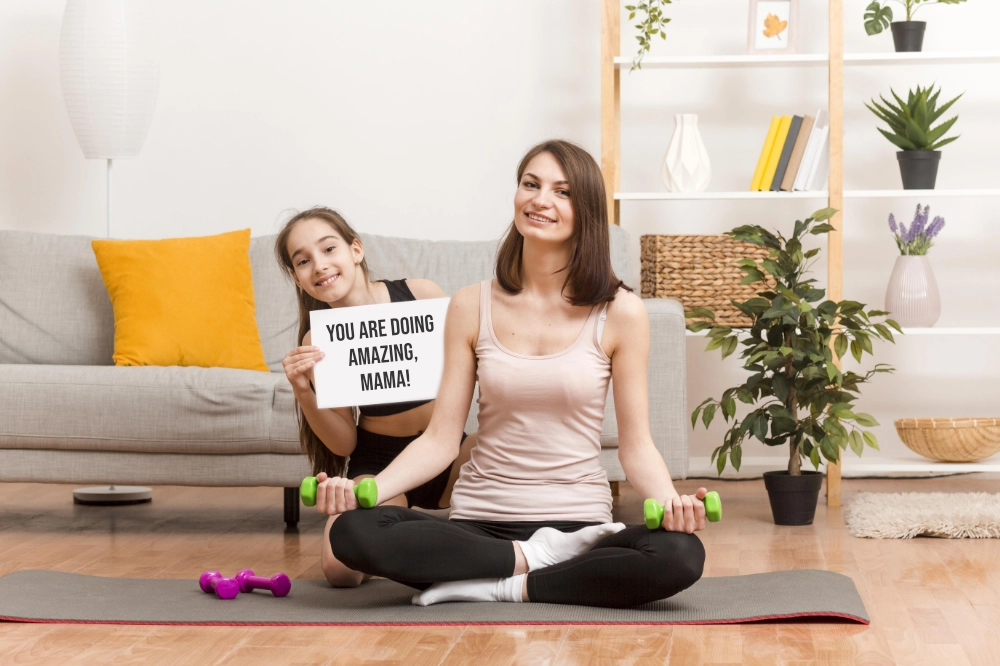 A vibrant Dubai home scene of a mom training with her baby