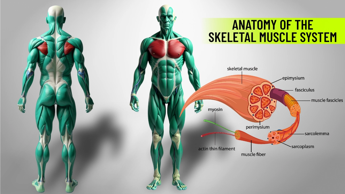 A comprehensive anatomical overview of the major skeletal muscles in the human body, highlighting key muscle groups involved in movement and strength training.