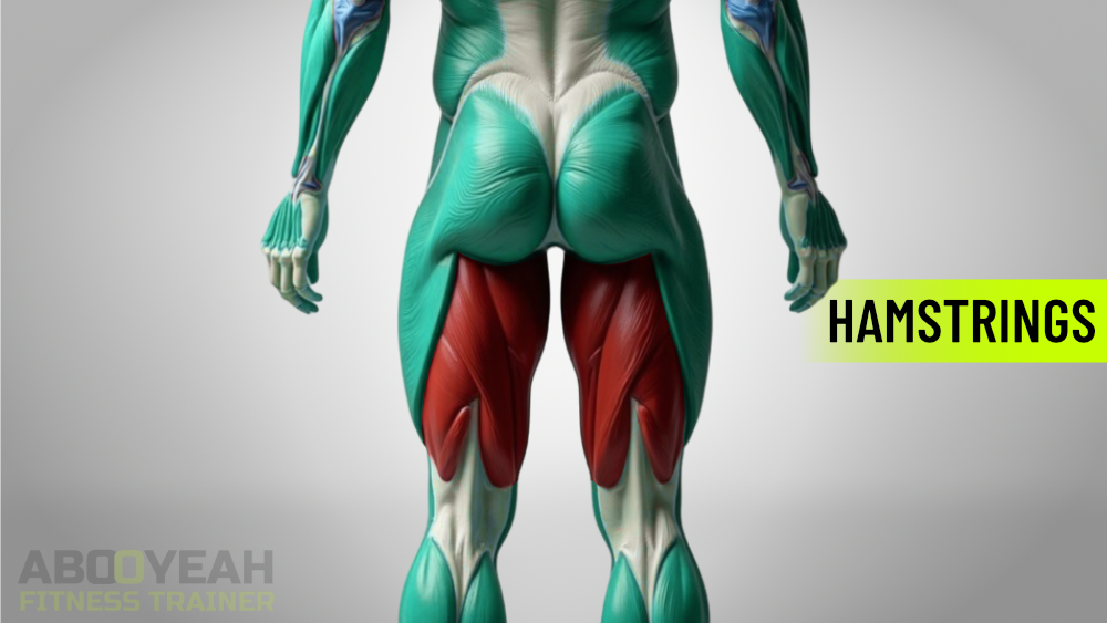 Anatomical illustration of the hamstring muscles: biceps femoris, semitendinosus, and semimembranosus.
