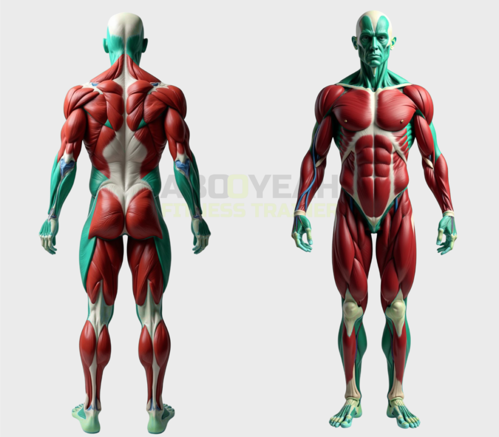 Full-body anatomical image showing major skeletal muscle groups from head to toe.