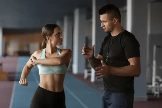Personal Trainer in Dubai correcting client's technique