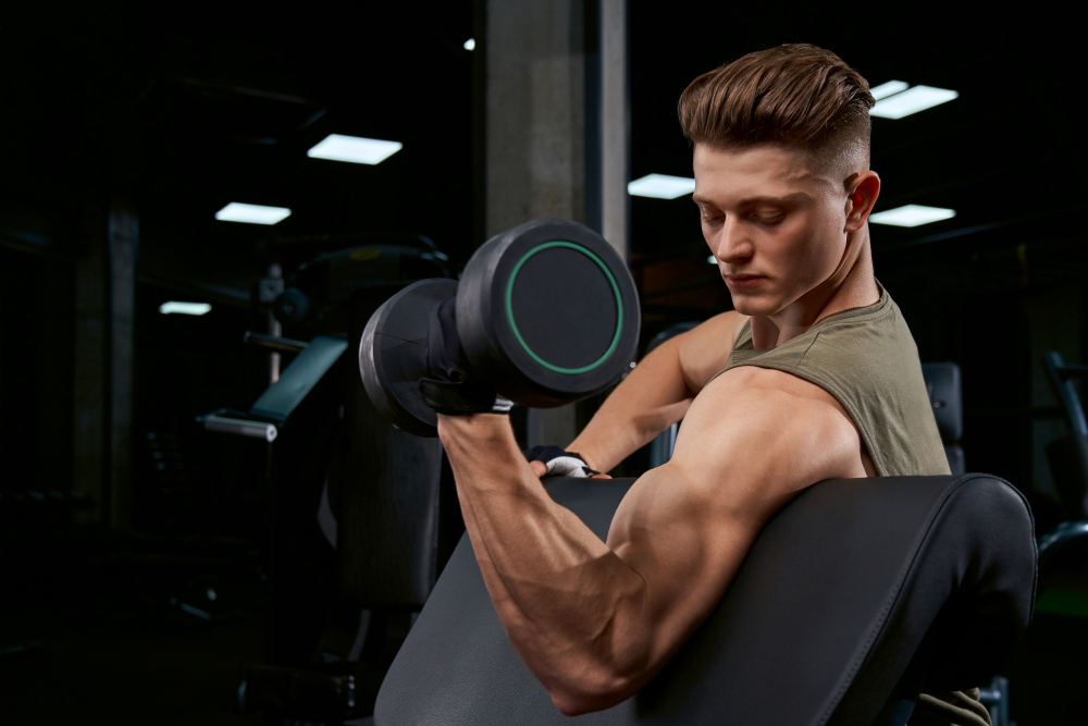 Fit young man doing One-Arm dumbbell preacher curl in the gym