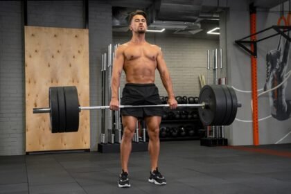 fit man doing straight legged deadlift indoors