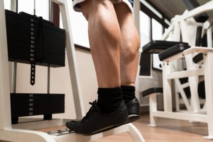Athlete doing exercise on a standing calves raise machine Dubai
