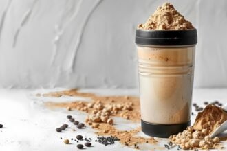 A jug of coffee protein smoothie. Perfect for energy boost as a pre-workout