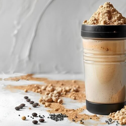 A jug of coffee protein smoothie. Perfect for energy boost as a pre-workout
