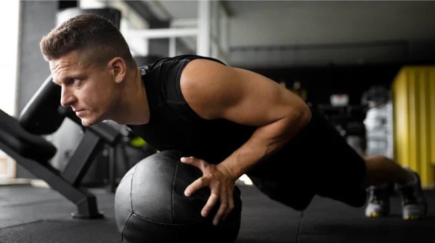 A man showing how to do a push-up on a medicine ball
