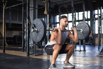 A fit man doing barbell front squats