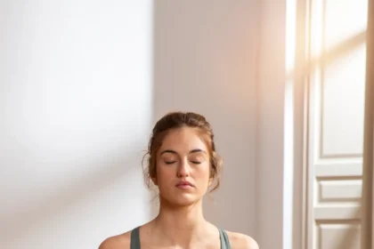 A young woman doing chakra yoga
