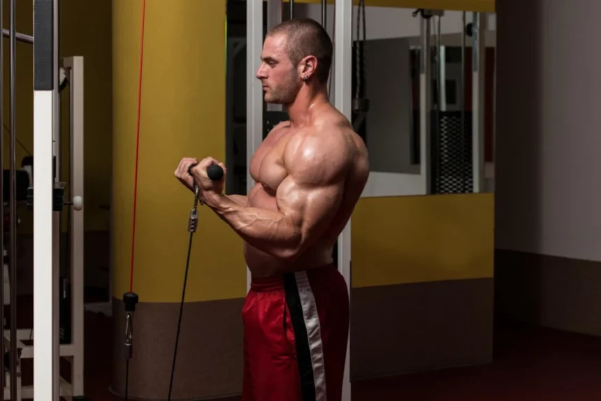 A young bodybuilder doing bicep curls on a cable