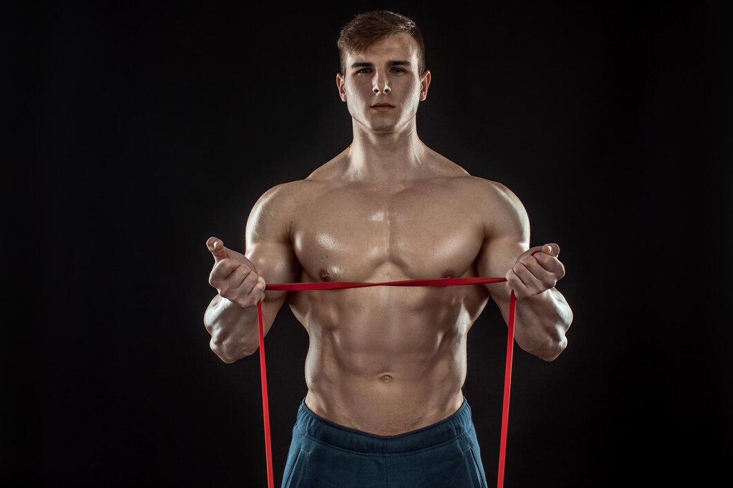 A fit young man doing bicep curls with resistance bands in Dubai