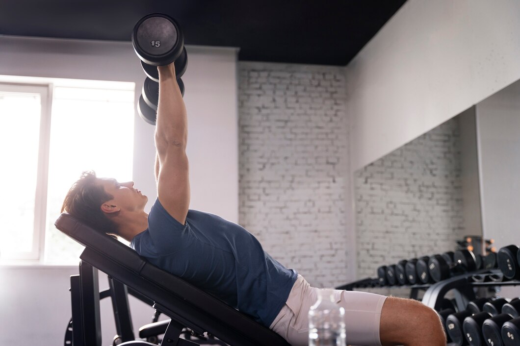 A young man doing dumbbell chest press in the gym