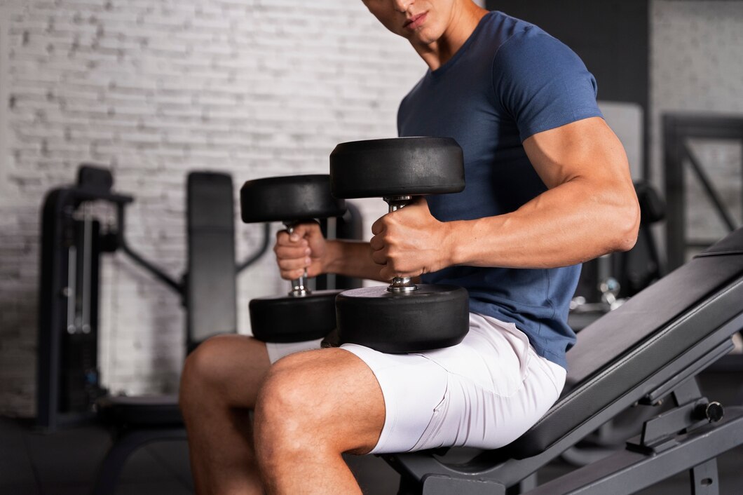 A fit young man in a gym doing seated bicep curls