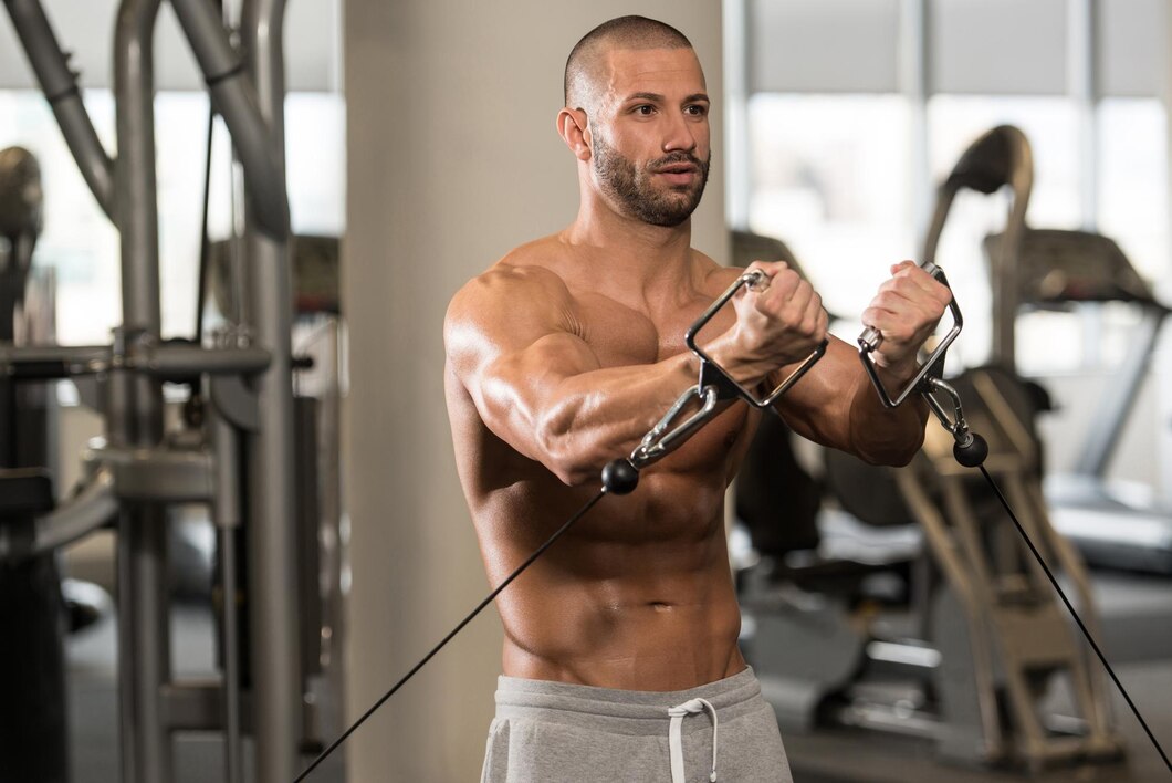 Fit man doing low to high cable flys chest workout