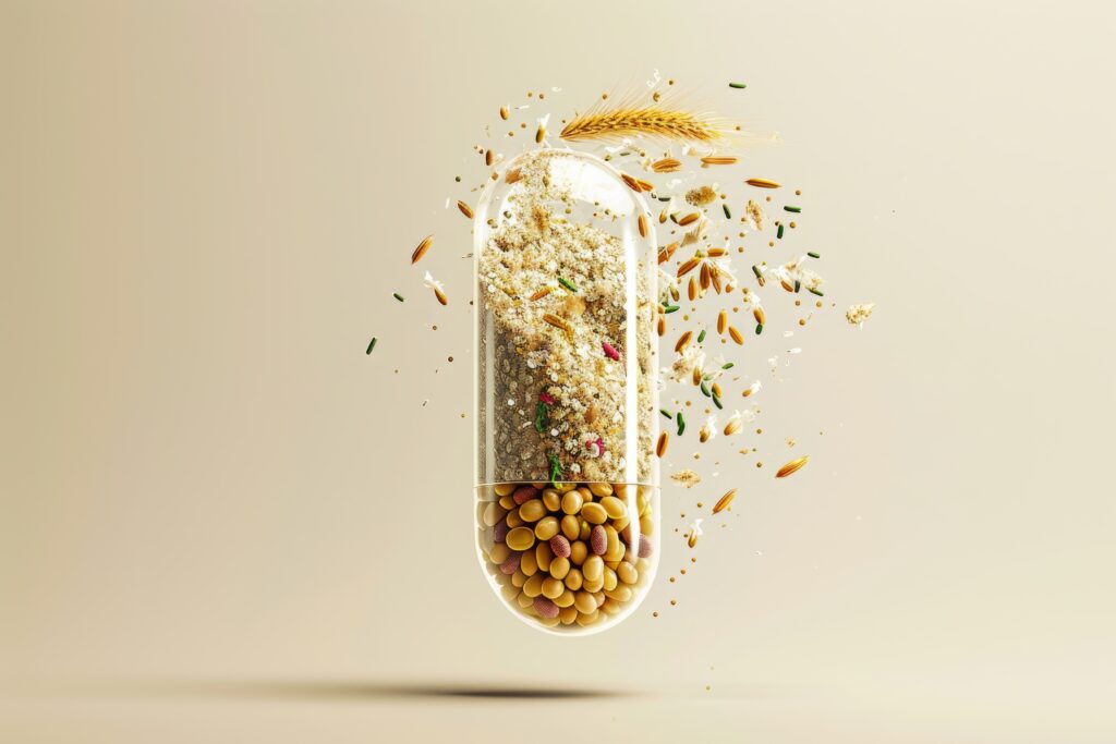 Capsule filled with natural high-soluble fiber foods like oats, chia seeds, apples, and lentils symbolizing food-as-medicine for gut health.