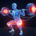 A Sports Science visualization of Biomechanics: 3D anatomical model performing a barbell squat with a heat-map showing muscle activation in the quadriceps, glutes, and hamstrings.