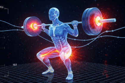A Sports Science visualization of Biomechanics: 3D anatomical model performing a barbell squat with a heat-map showing muscle activation in the quadriceps, glutes, and hamstrings.