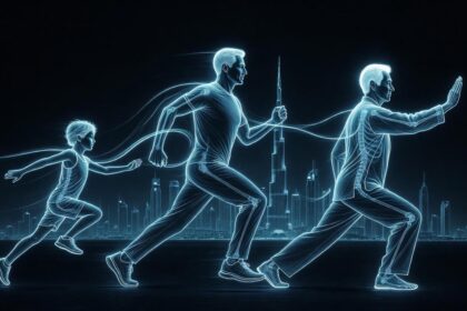 Human lifespan fitness evolution, a 3D illustration showing muscle development from child to senior.