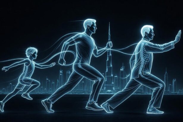 Human lifespan fitness evolution, a 3D illustration showing muscle development from child to senior.