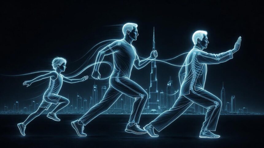Human lifespan fitness evolution, a 3D illustration showing muscle development from child to senior.