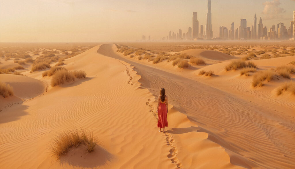 A woman walking on the sand dunes of Dubai with the modern city skyline visible in the distance, representing the balance between natural activity and urban life.