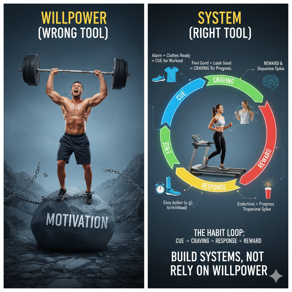 A diptych contrasting "Willpower (Wrong Tool)" with "System (Right Tool)" for habit formation in fitness. The left panel shows a strained man struggling to lift heavy weights, chained to a rock labeled "Motivation." The right panel illustrates "The Habit Loop" with a woman jogging on a treadmill, detailing the cycle of Cue (alarm, clothes ready) -> Craving (feel good, look good) -> Response (easy action like jogging) -> Reward (endorphins, progress, dopamine spike). It emphasizes "Build systems, not rely on willpower."