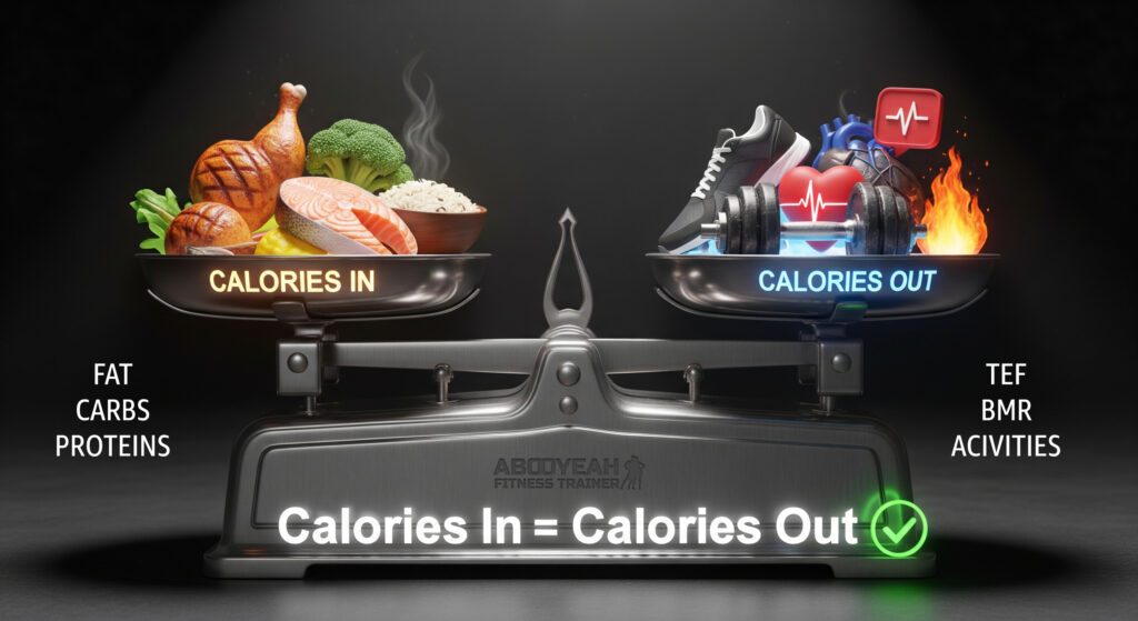 A balanced scale in a dark, cinematic setting. The left tray, labeled "Calories In," holds food, and the right tray, labeled "Calories Out," holds symbols of exercise and metabolism, illustrating the energy balance equation.