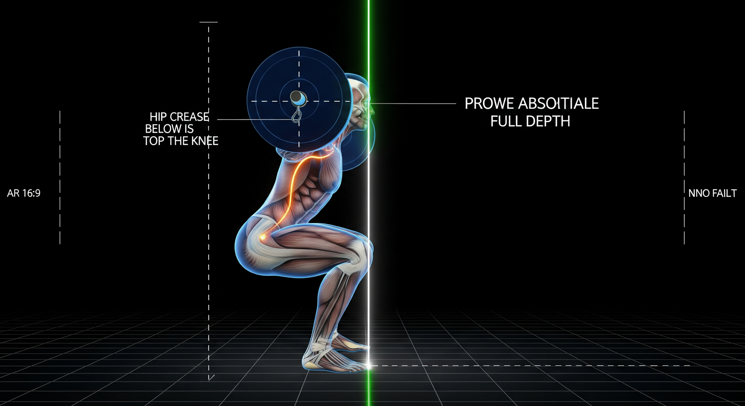 A side-profile 3D biomechanical render of an athlete in a deep barbell back squat, showing perfect form with the barbell path aligned over the mid-foot for optimal balance and force production.