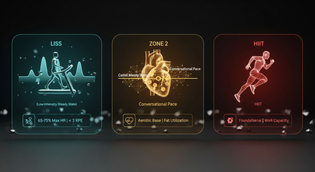 Does Cardio Kill Gains? A modern 3D infographic debunking the myth by showcasing the strategic roles of LISS, Zone 2, and HIIT for bodybuilders. It uses sleek visuals to map each modality to a specific goal: LISS for recovery, Zone 2 for work capacity, and HIIT for fat loss.