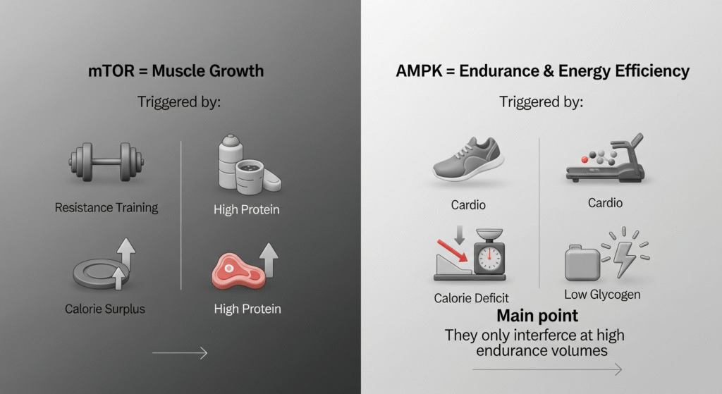 Diagram explaining the relationship between mTOR for muscle growth and AMPK for endurance, addressing "Does Cardio Kill Gains?