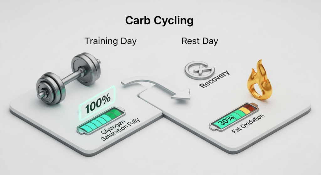 A Visual Guide to Carb Cycling for Athletes A premium 3D isometric infographic explaining carb cycling, showing a full glycogen battery on a training day linked to a fat-burning flame on a rest day.