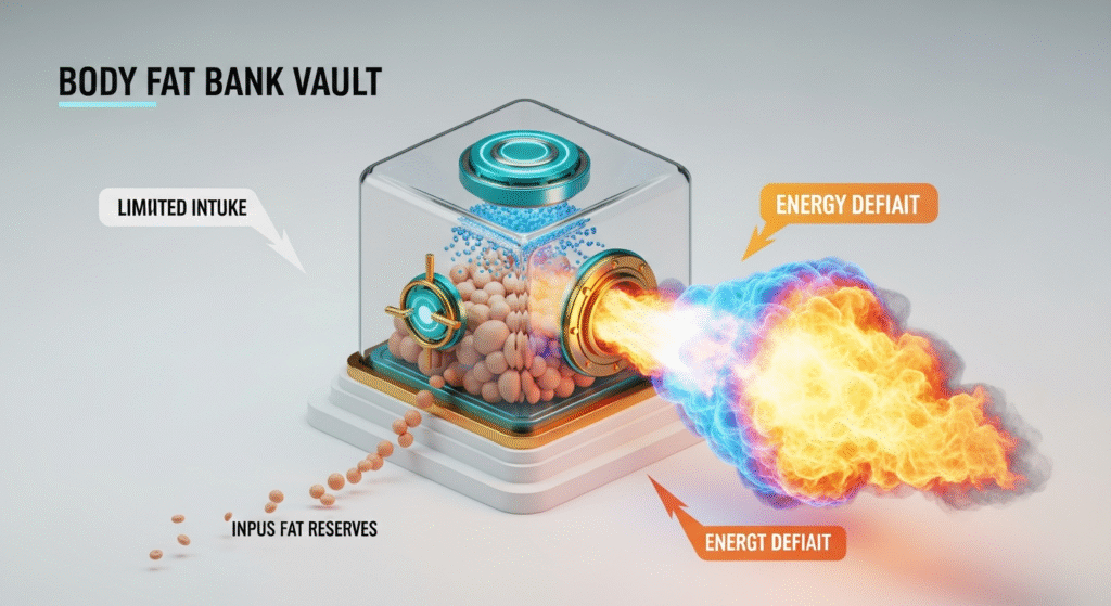 A 3D fat loss infographic of a transparent "Body Fat Bank Vault" on a white pedestal, showing a small trickle of fat cells entering versus a massive exhaust of energy fire leaving, illustrating a severe calorie deficit.