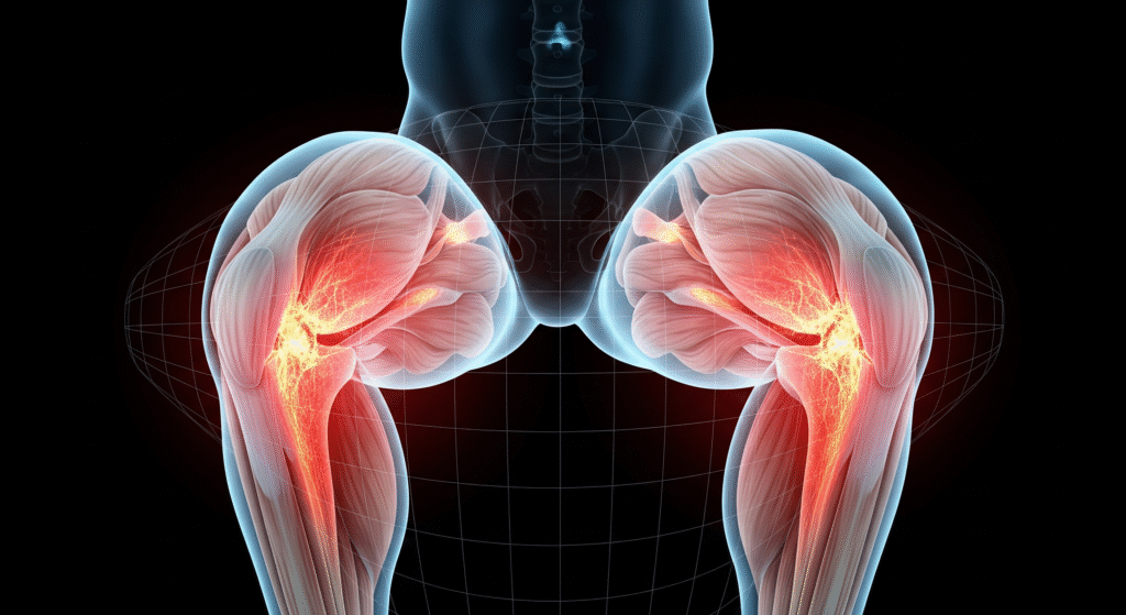 A front-view 3D biomechanical illustration of an athletic male with cybernetic blue skin performing an overhead squat, demonstrating knee valgus (knees caving in) with an intense red heat-map on overactive inner thighs and hip flexors.