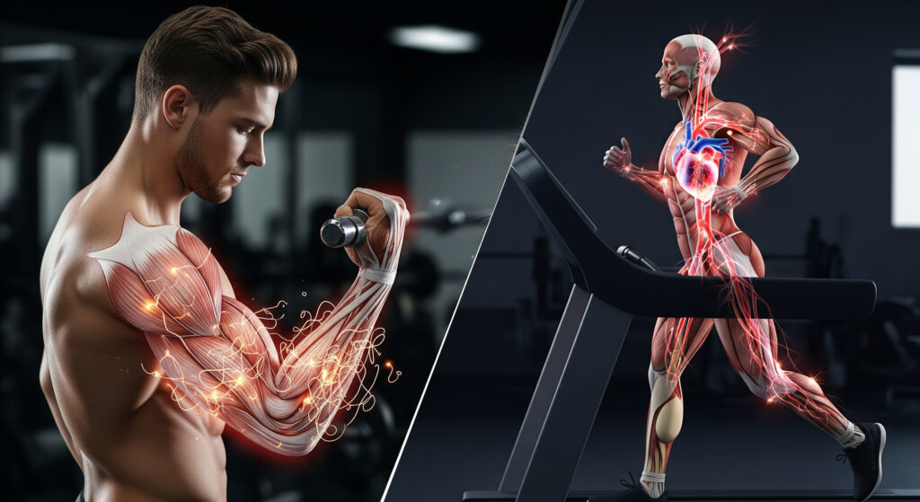 Biomechanical comparison of muscle activation answering the question does cardio kill gains. Split-screen image of a man performing a bicep curl with a glowing bicep muscle overlay and a man running on a treadmill with a semi-transparent heart pumping oxygenated blood.