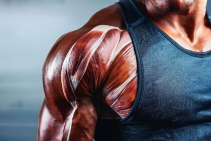 An extreme close-up of a male shoulder showcasing detailed, striated muscle fibers in a state of contraction, illustrating the physiology of muscle hypertrophy.