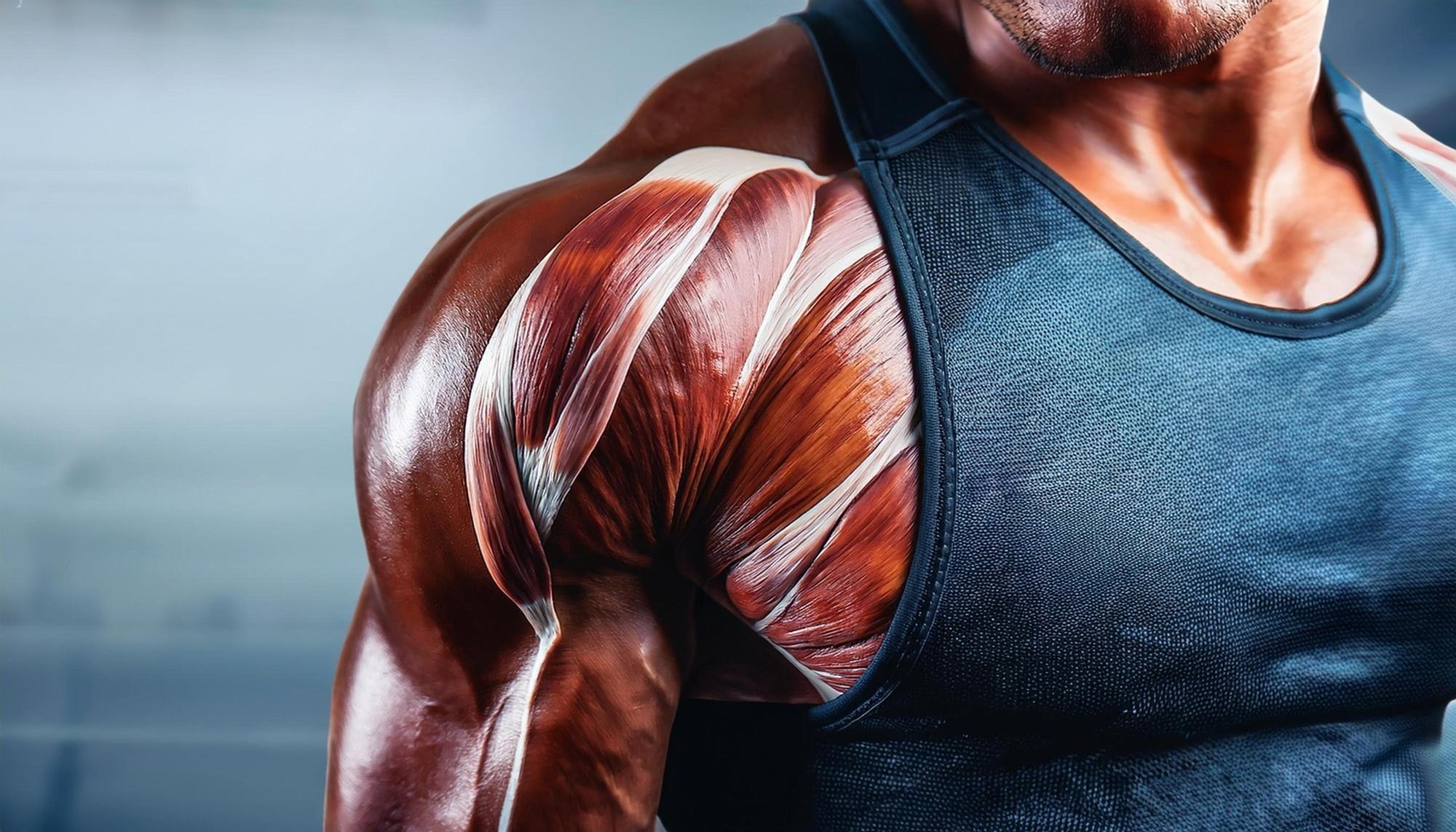 An extreme close-up of a male shoulder showcasing detailed, striated muscle fibers in a state of contraction, illustrating the physiology of muscle hypertrophy.