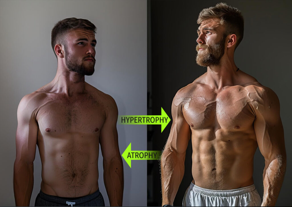 A diagram showing a two-way arrow labeled Hypertrophy on the right and Atrophy on the left, illustrating that muscle mass is dynamic and changes based on training and nutrition.