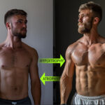 A diagram showing a two-way arrow labeled Hypertrophy on the right and Atrophy on the left, illustrating that muscle mass is dynamic and changes based on training and nutrition.