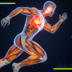 3D biomechanical illustration of a muscular athlete sprinting, highlighting both a powerful glowing red heart and thick orange muscle tissue to visually answer the question does cardio kill gains.