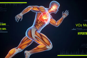 3D biomechanical illustration of a muscular athlete sprinting, highlighting both a powerful glowing red heart and thick orange muscle tissue to visually answer the question does cardio kill gains.