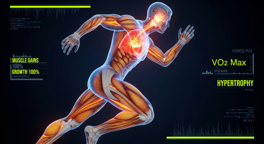 3D biomechanical illustration of a muscular athlete sprinting, highlighting both a powerful glowing red heart and thick orange muscle tissue to visually answer the question does cardio kill gains.
