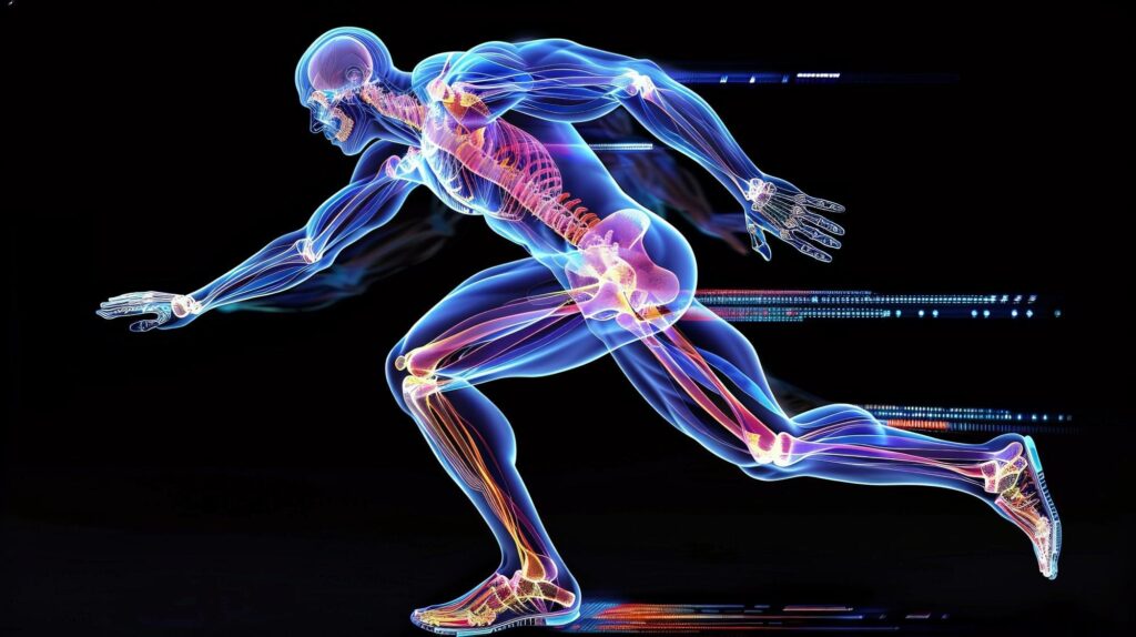 A 3D Sports Science visualization of running Biomechanics, highlighting the interconnected kinetic chain of muscles, joints, and ligaments for propulsion and stability.