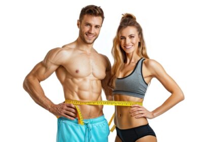 A determined man and woman, using a measuring tape to track their waistline as part of a successful, science-based fat loss journey.