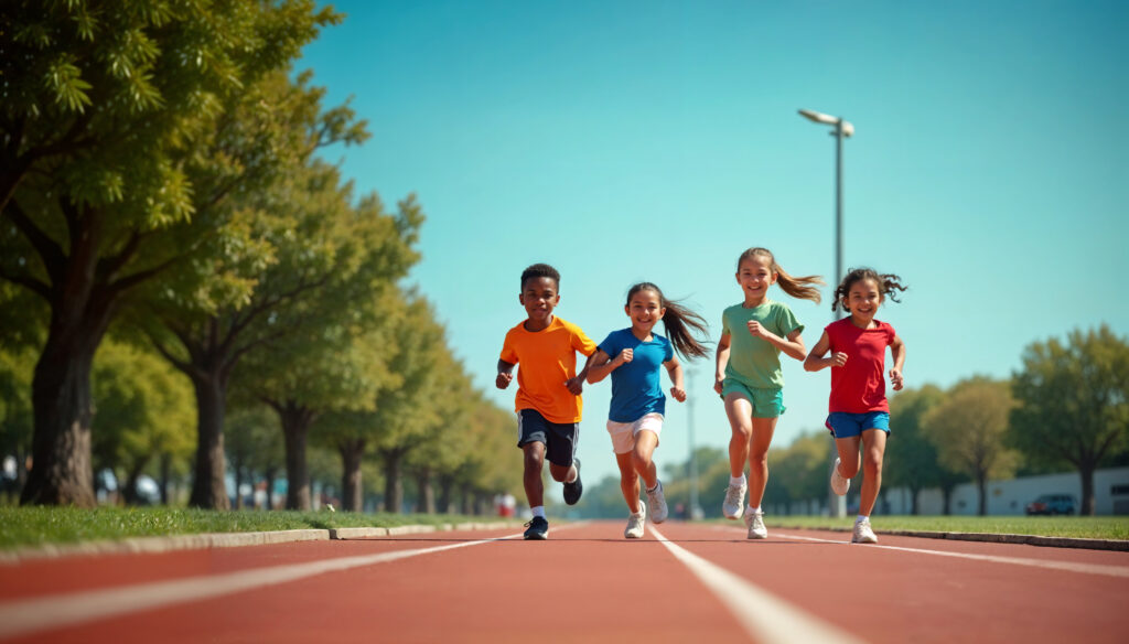 A group of diverse children running with joy on a running track, engaging in moderate-to-vigorous physical activity.
