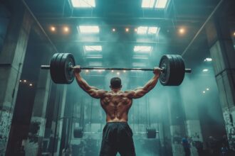A determined male fitness athlete engaging his back muscles during a workout in a sleek, Dubai gym.