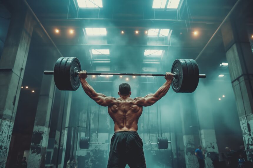 A determined male fitness athlete engaging his back muscles during a workout in a sleek, Dubai gym.