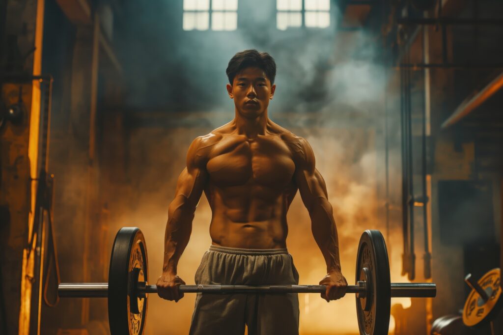 A determined, topless male athlete with a muscular physique stands in a gym, holding a barbell, ready to train.