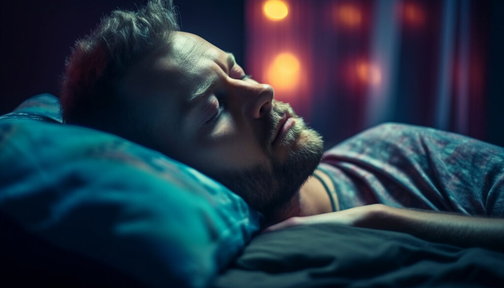 A man in a completely dark, cool bedroom experiencing deep, restorative sleep, essential for natural testosterone production and hormone balance.